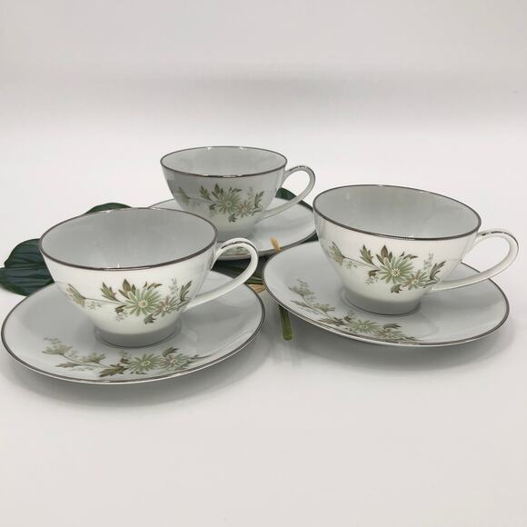 Vintage 3 Set Noritake White Green Floral Daisy Soroya 6853 Tea Cups & Saucers - Picture 10 of 10